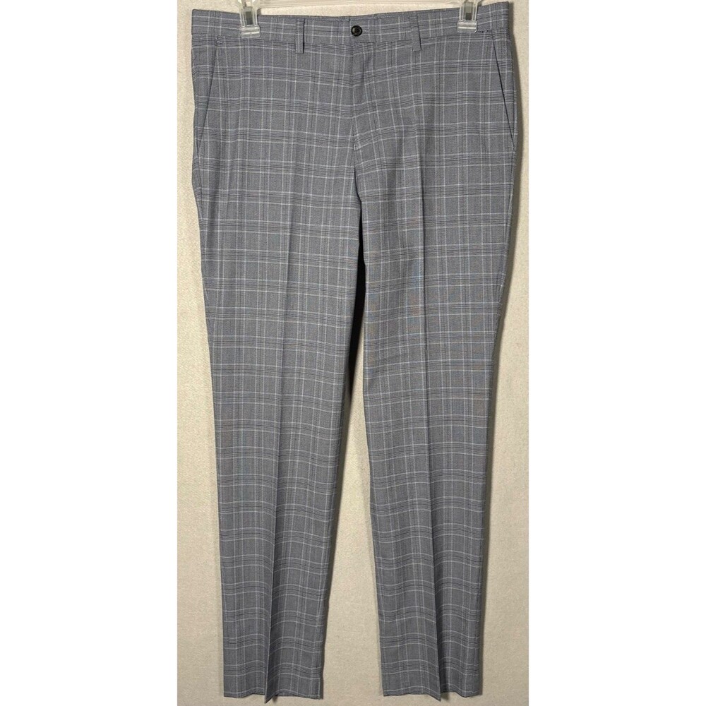 Joseph Abboud Pants Mens 35x29 Blue Plaid Flat Front Straight Slim Fit Trousers